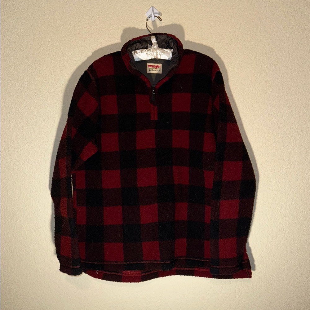 Wrangler Men's Zip-Up Red and Black Checkered Fleece Pullover